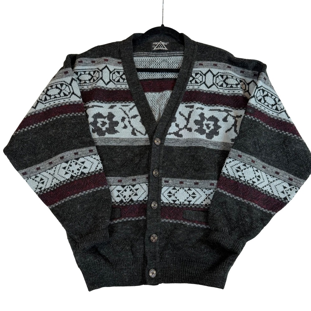 Vtg 90s Porto Cruz Fair Isle Cardigan Nordic Sweater M Dark Academia Grandpacore